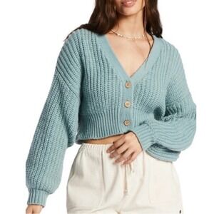 Roxy Sundaze Button-Up Cropped Cardigan Chunky Knit in Blue Surf Women's Size XL